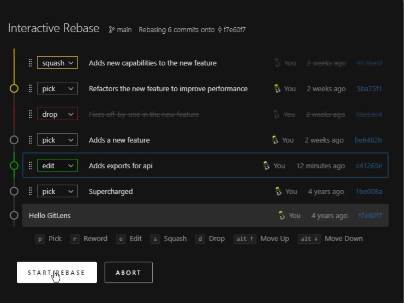 Screenshot of GitLen's interactive rebase editor